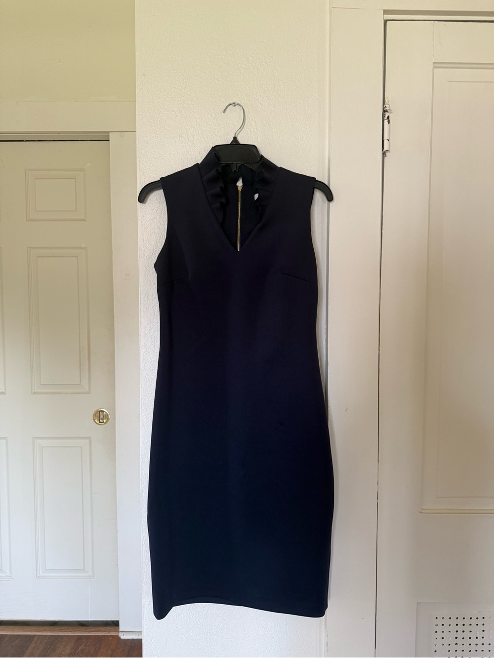 Calvin Klein Navy Sleeveless Sheath Dress with Ruffle Collar